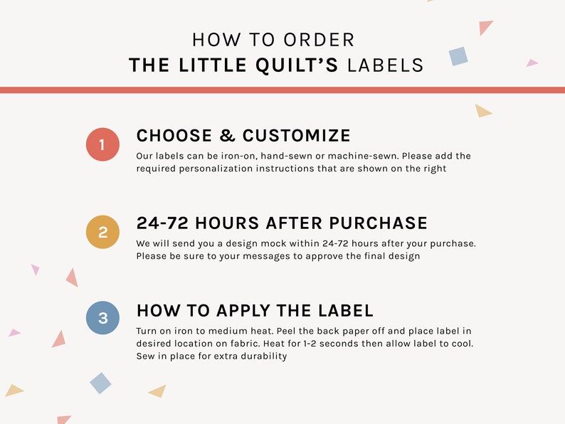 May include: A colorful infographic with three steps on how to order and apply custom labels for quilts. The steps are numbered 1, 2, and 3. The text includes "Choose & Customize", "24-72 Hours After Purchase", and "How to Apply the Label".