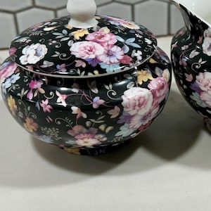 Vintage Black Floral Sugar Bowl and Creamer Set