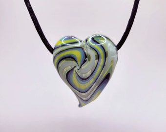 Lampwork Hollow Blown Boro Heart Pendant in shades of green, blue and yellow