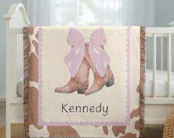 Personalized Cowgirl Blanket, Baby Girl Western Nursery Decor, Cowgirl Throw Blanket, Baby Shower Custom Gift, Cowgirl Boot Baby Gift