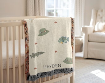 Fishing Baby Blanket, Gifts for Dads who Fish, Personalized Fish Blanket for Boy, Fishing Nursery Decor, Baby Shower Gift, Custom Blanket