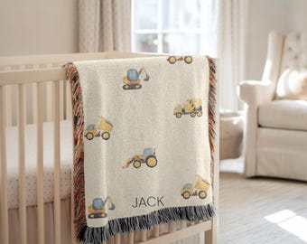 Manta de bebé personalizada con temática de construcción, regalo para baby shower, decoración para habitación infantil con temática de construcción, manta personalizada de camión para bebé, manta personalizada