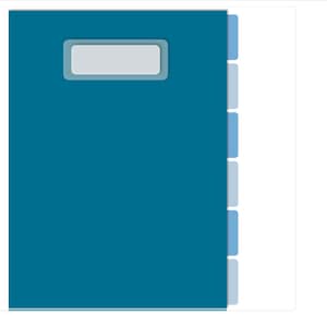 Op de afbeelding: Een donkerblauwe map met een transparante plastic labelhouder en zes blauwe dividers.