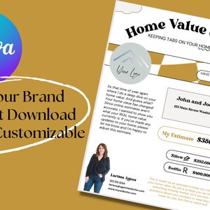 Puede incluir: Un documento de verificación del valor de la vivienda con el título "Home Value Check" en texto negro. El documento incluye el texto "Add Your Brand, Instant Download, Fully Customizable" y una sección para un logotipo. El documento está sobre un fondo dorado.