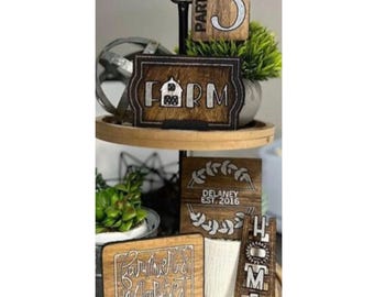 Handcrafted Farmhouse Tier Tray Decor Set | Rustic Wood Signs, Custom Name, Est. Date