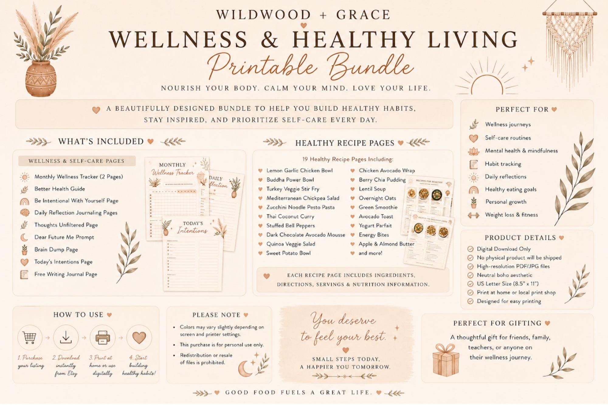 Digital Wellness Planner Bundle Printable Wellness Tracker PDF Self Care Journal Healthy Habit Tracker Intentional Living Set