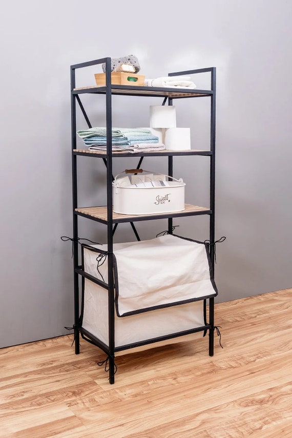 Wood Shelf With Collapsible Laundry Basket Bathroom Organizer 