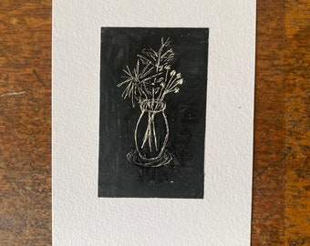 Etching on oil pastel- vase with flowers