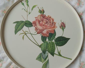 May include: A round, cream-colored serving tray featuring a botanical illustration of a single large, blooming pink rose with several green leaves and closed rosebuds. The tray has a smooth, raised edge and a flat, circular surface design.