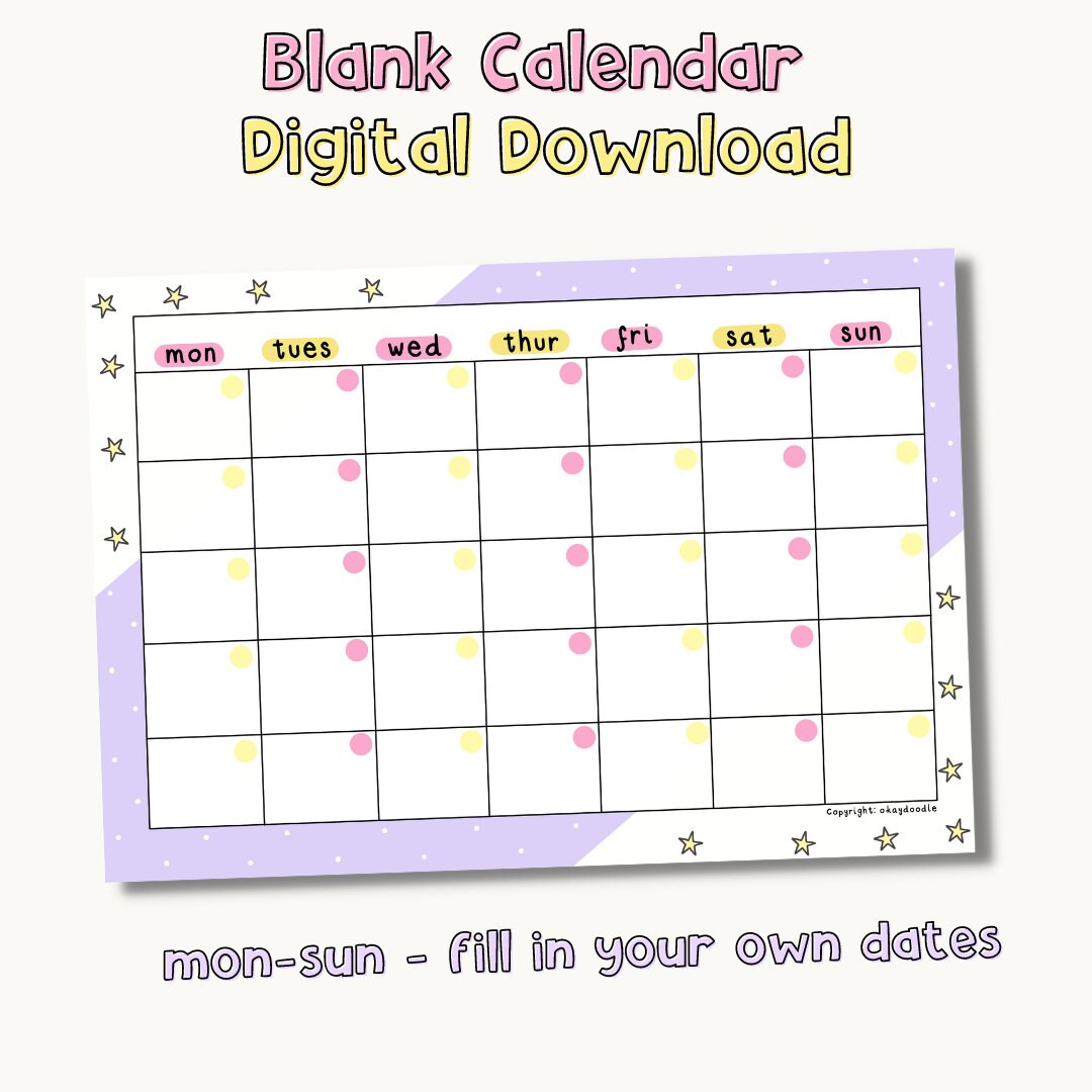 Blank Calendar, Printable, Digital Download, Template - PNG - A4, A5 US ...