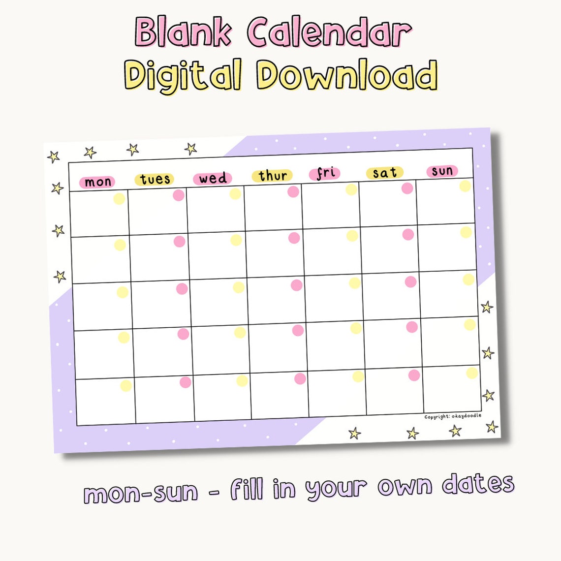 Blank Calendar, Printable, Digital Download, Template - PNG - A4, A5 US ...