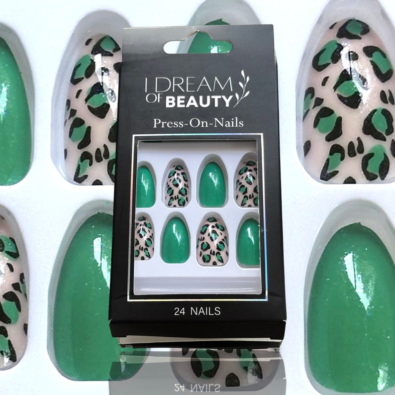 Leopard Print Green Mix Almond Shape Medium Length Press-On Full Nail Kit image 1