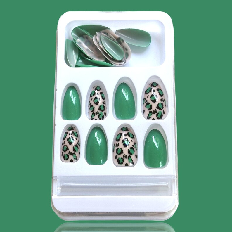 Leopard Print Green Mix Almond Shape Medium Length Press-On Full Nail Kit image 3