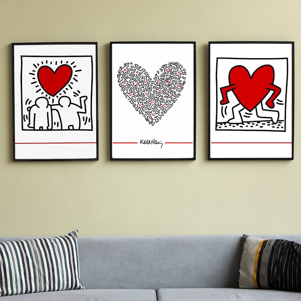 Wall Art Set of 3 prints, Keith Haring "Red Heart"