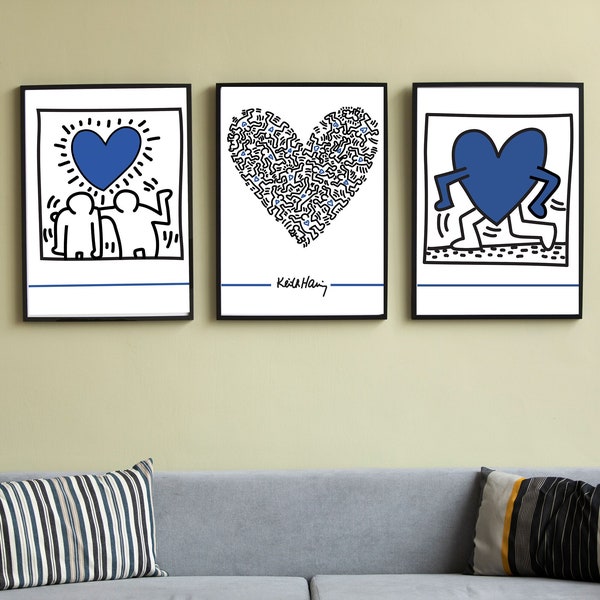 Wall Art Set of 3 prints, Keith Haring "Blue Heart"