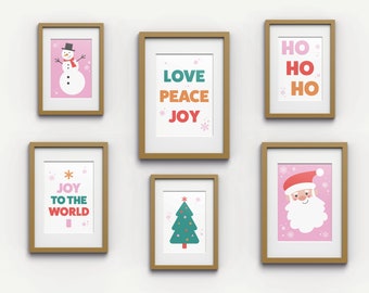 Pink Christmas Set of 6 A4 Printables, Christmas Printable Wall Art,  Xmas Print, Christmas Wall Art, Children Xmas Print, Bedroom Print,