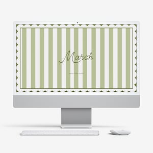 May include: A desktop computer displays a wallpaper with a green and white striped pattern. The word "March" is written in cursive, with the text "coming soon studio" below it. A keyboard and mouse are in front of the computer.