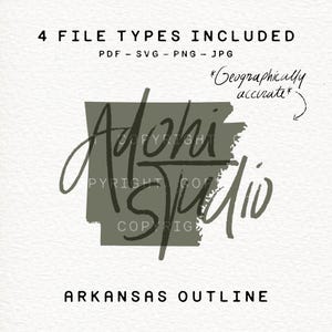 May include: An Arkansas outline design with the text "Adohi Studio" and "Arkansas Outline". The image includes the text "4 FILE TYPES INCLUDED" and "Geographically accurate". The file types are PDF, SVG, PNG, and JPG.