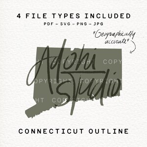 Peut inclure: Un design numérique présentant un contour gris du Connecticut avec le texte "Adohi Studio" superposé. L'image comprend le texte "4 TYPES DE FICHIERS INCLUS" et "CONNECTICUT OUTLINE". Le design est étiqueté comme "Géographiquement précis".