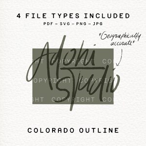 May include: Digital design featuring the text "4 FILE TYPES INCLUDED" and "COLORADO OUTLINE". The design includes the words "Adoni Studio" over a gray rectangle, with the phrase "Geographically accurate".