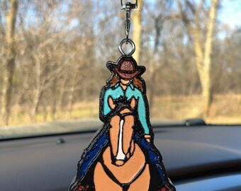 Cowgirl (red head) on horse (buckskin) Car Freshener, gift