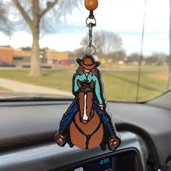 Cowgirl brunette on horse bay Car Freshener, gift