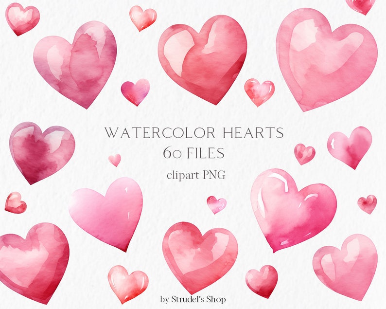 May include: A set of 60 watercolor heart clipart images in pink and red shades. The hearts are in various sizes and shapes, perfect for Valentine's Day crafts and projects.