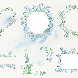 May include: A set of six watercolor illustrations of forget-me-not flowers arranged in different shapes, including a heart, a circle, and a rectangle. The flowers are a light blue color with green stems and leaves.