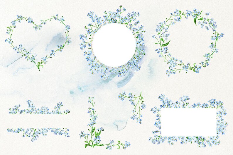 May include: A set of six watercolor illustrations of forget-me-not flowers arranged in different shapes, including a heart, a circle, and a rectangle. The flowers are a light blue color with green stems and leaves.