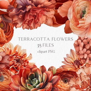 Terrakotta-Blumen Aquarell Clipart PNG - Boho Hochzeit Herbst Sukkulenten Nelken Ranunkeln Pfingstrose Orange Pfirsich Rosen Boho #b134
