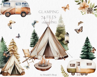 Glamping Aquarell Clipart PNG - Camping Abenteuer Planer Aufkleber Mädchen Party Sommer Urlaub Outdoor Reisen Wildnis #b97