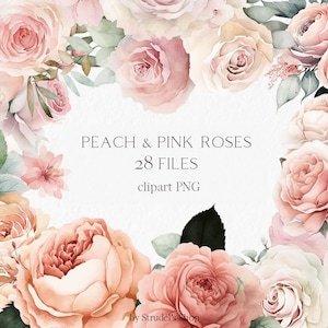Clipart PNG aquarelle de roses roses pêche - Composition florale florale pastel, bouquet minable, invitation bricolage #b40