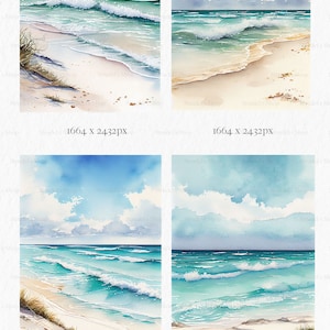 Puede incluir: Pinturas de acuarela de una escena de playa con olas del oc&eacute;ano, arena blanca y un cielo azul con nubes. La obra de arte tiene un formato cuadrado, con el texto "by Strudel's Shop" en la parte inferior.