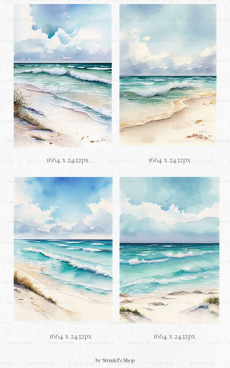 Puede incluir: Pinturas de acuarela de una escena de playa con olas del oc&eacute;ano, arena blanca y un cielo azul con nubes. La obra de arte tiene un formato cuadrado, con el texto "by Strudel's Shop" en la parte inferior.