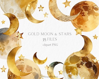 May include: A digital illustration of 35 gold watercolour moons and stars. The image includes the text "GOLD MOON & STARS 35 FILES clipart PNG by Strudel's Shop".