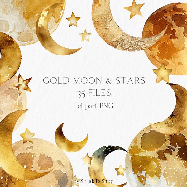 Gold moon and stars watercolor clipart sublimation design - Christmas crescent metallic fantasy mystical holiday magical witchy PNG #b57