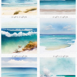 Puede incluir: Pinturas a la acuarela de escenas oce&aacute;nicas con cielos azules y nubes blancas. La obra de arte representa olas, playas de arena y vegetaci&oacute;n costera. Las im&aacute;genes est&aacute;n etiquetadas como "Strudel's Shop".