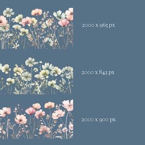 K&ouml;nnte beinhalten: Eine Aquarell-Illustration eines Blumenrandes mit rosa, wei&szlig;en und blauen Blumen und gr&uuml;nen Bl&auml;ttern. Die Blumen sind in einer horizontalen Linie angeordnet und vor einem blauen Hintergrund platziert.