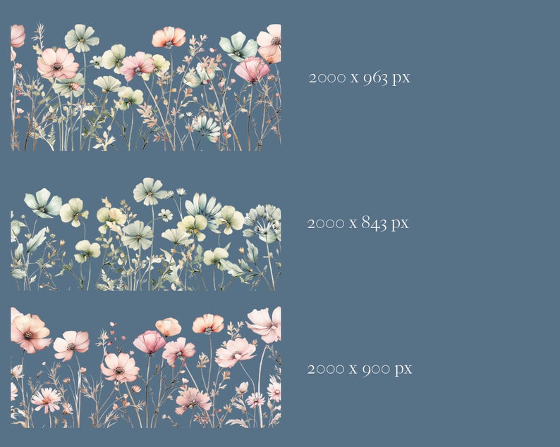 K&ouml;nnte beinhalten: Eine Aquarell-Illustration eines Blumenrandes mit rosa, wei&szlig;en und blauen Blumen und gr&uuml;nen Bl&auml;ttern. Die Blumen sind in einer horizontalen Linie angeordnet und vor einem blauen Hintergrund platziert.