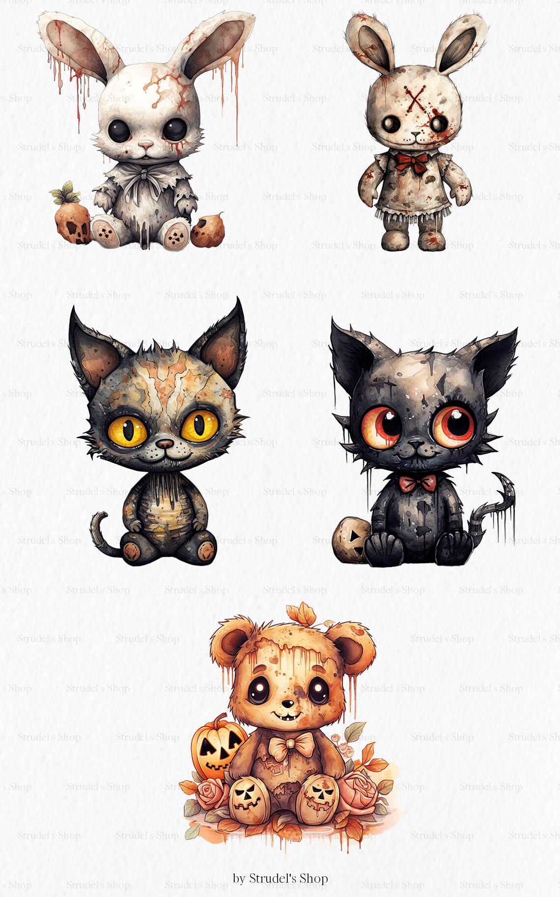 Creepy Toys Watercolor Clipart PNG - Creepy Teddy Creepy Bunny ...