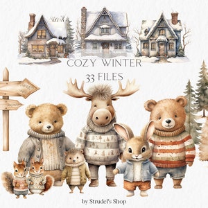 Animales del bosque de invierno clipart PNG - acuarela navidad invierno boho vivero bosque cumpleaños animales salvajes niños clipart #b47