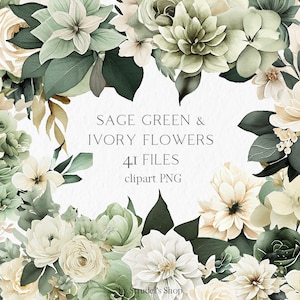 Salbei grüne Elfenbein Blumen Aquarell Clipart PNG - Blumenhochzeit Grünpflanzen Hochzeitseinladung Illustration Blumenstrauß Arrangement #b83