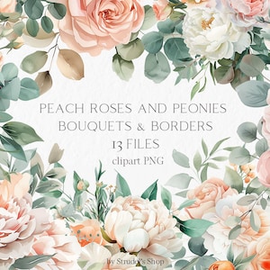 Bouquets de roses et de pivoines pêches, clipart aquarelle de bordures transparentes PNG #b117