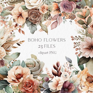 Boho bloemen aquarel clipart PNG - bloemen bruiloft boho uitnodiging clipart bloemstukken rustieke bloemen neutrale kleuren #b111