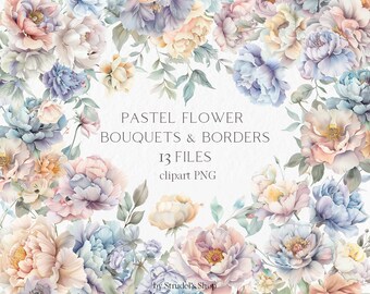Watercolor Floral Clipart PNG, Pastel Flower Bouquets, Peony Rose Arrangements, Wedding Flowers, Spring Botanical Clip Art #b156