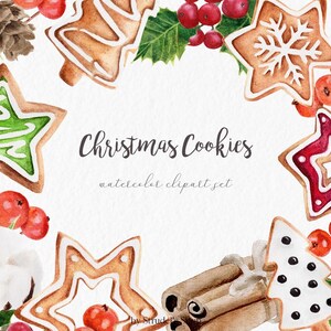 May include: Watercolor clipart set of Christmas cookies. The set includes a variety of cookies, including gingerbread men, star-shaped cookies, and tree-shaped cookies. The cookies are decorated with icing and sprinkles. The set also includes holly berries, cinnamon sticks, and cotton.