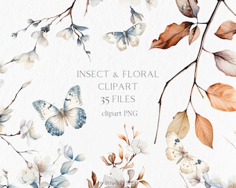 Watercolor Moth Clipart, Autumn Moths PNG, Fall Butterfly Clipart, Vintage Blue Moths, Autumn Leaves Branches, Cottagecore Insect Set #b173