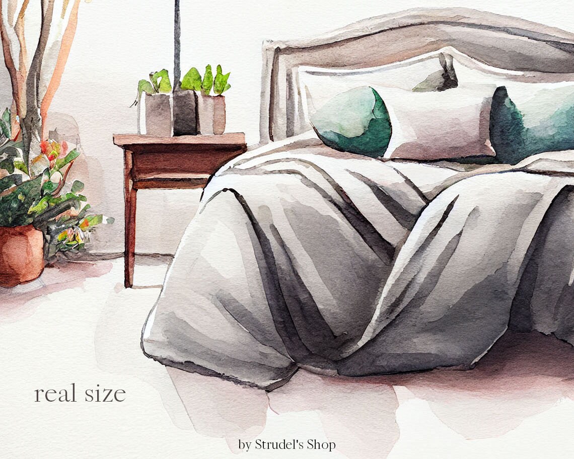 Cozy Bedrooms Watercolor Clipart PNG - Cozy Home Interior Aesthetic ...