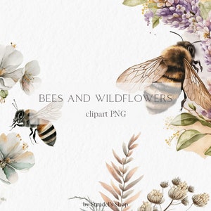 Les abeilles et les fleurs sauvages Aquarelle Clipart PNG - Les abeilles en nid d'abeille de fleurs d'été éléments de conception bouquet couronne #b1