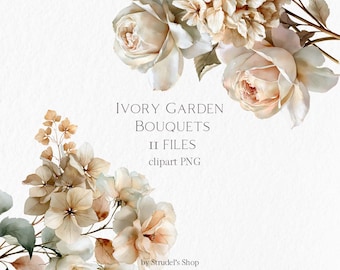 Watercolor Ivory Garden Bouquets Clipart, Neutral Floral Bouquet PNG, Beige Roses Hydrangea Wedding Flowers b181